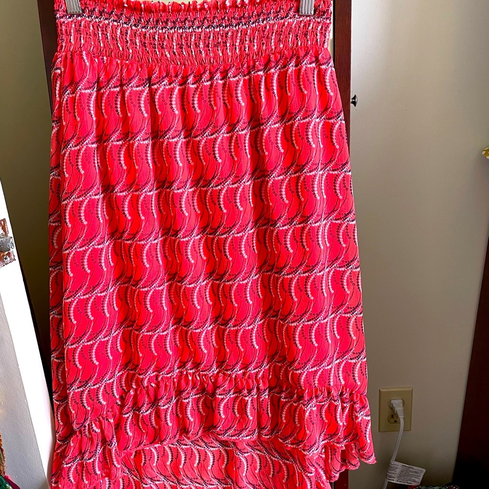 Red and blue summer skirt. Brand name “love Fire.”